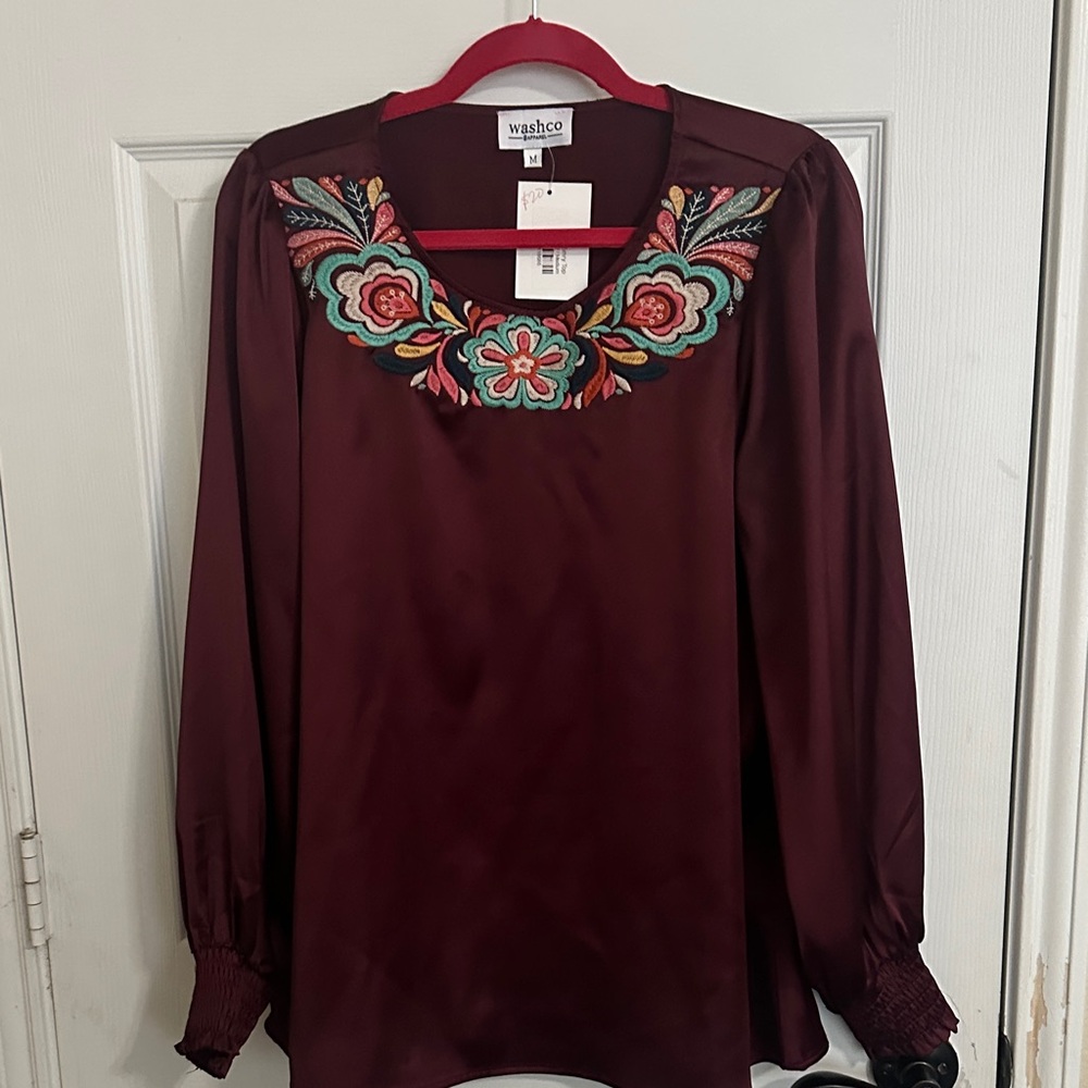 Burgundy Floral Embroidered Blouse